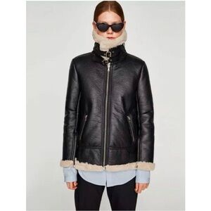 Zara Black Faux Leather Shearling Lined Aviator Jacket